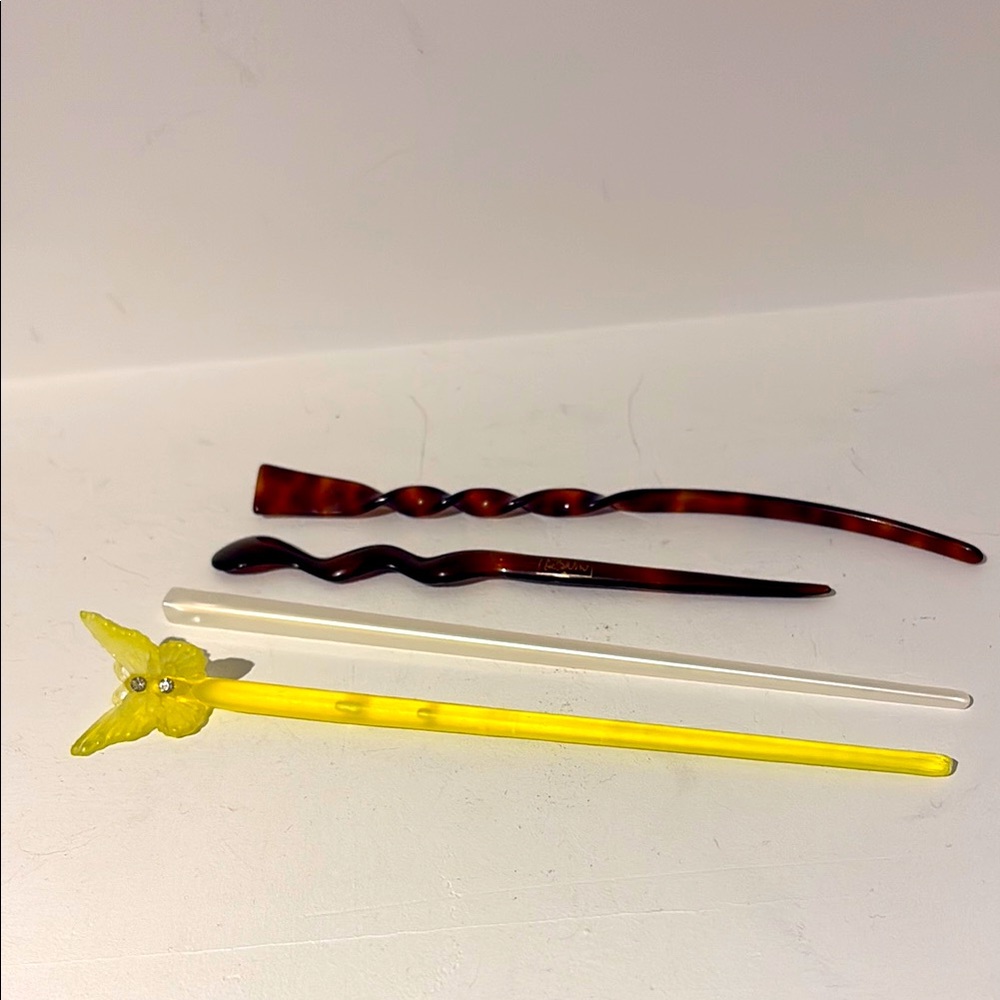 Set of Hair Sticks in Yellow, Pearilized White, and Brown Tortoise Shell